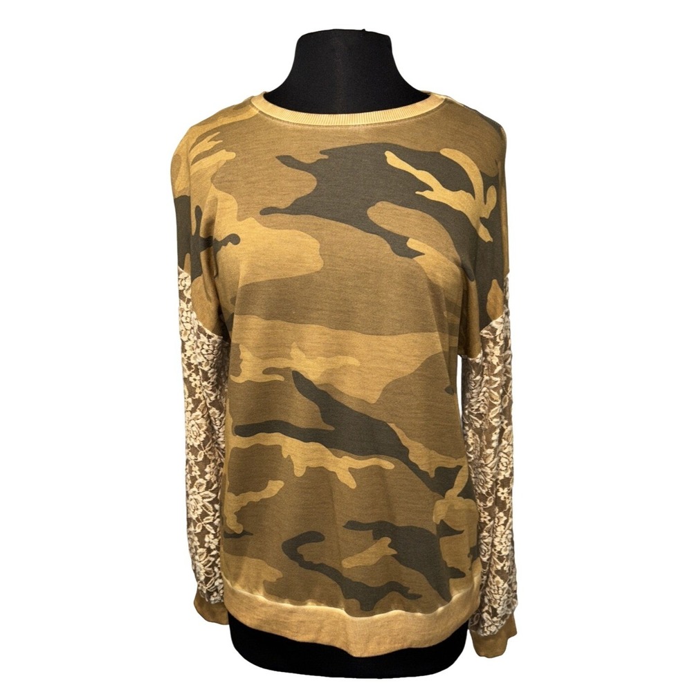 NEW‎ Camo Print Sweatshirt Women's M Brown Green Crew Neck Lace Long Sleeve